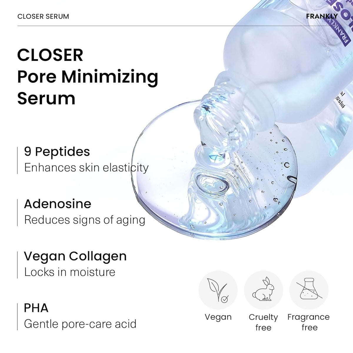 FRANKLY Closer Serum 3.38 fl oz bottle beside a ruler for size and value