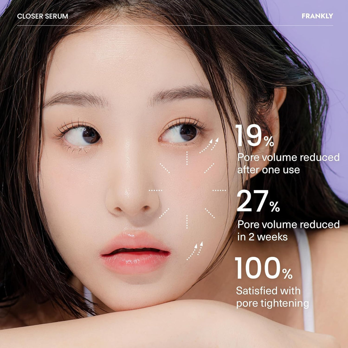 FRANKLY Closer Serum ingredient panel showing peptides, PHA, and vegan collagen