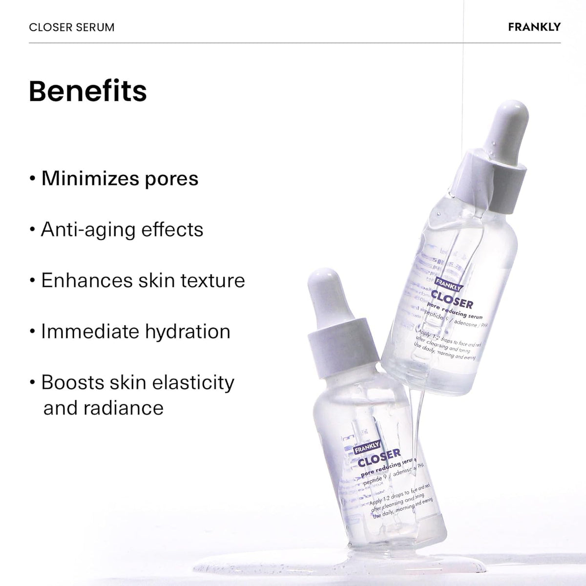 FRANKLY Closer Serum size comparison with starter and jumbo bottles, displaying options for trial or value