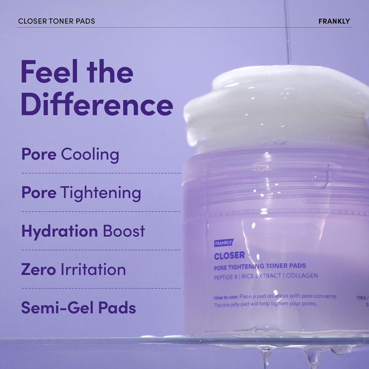FRANKLY pad gently applied to cheek demonstrating pore-minimizing cooling effect