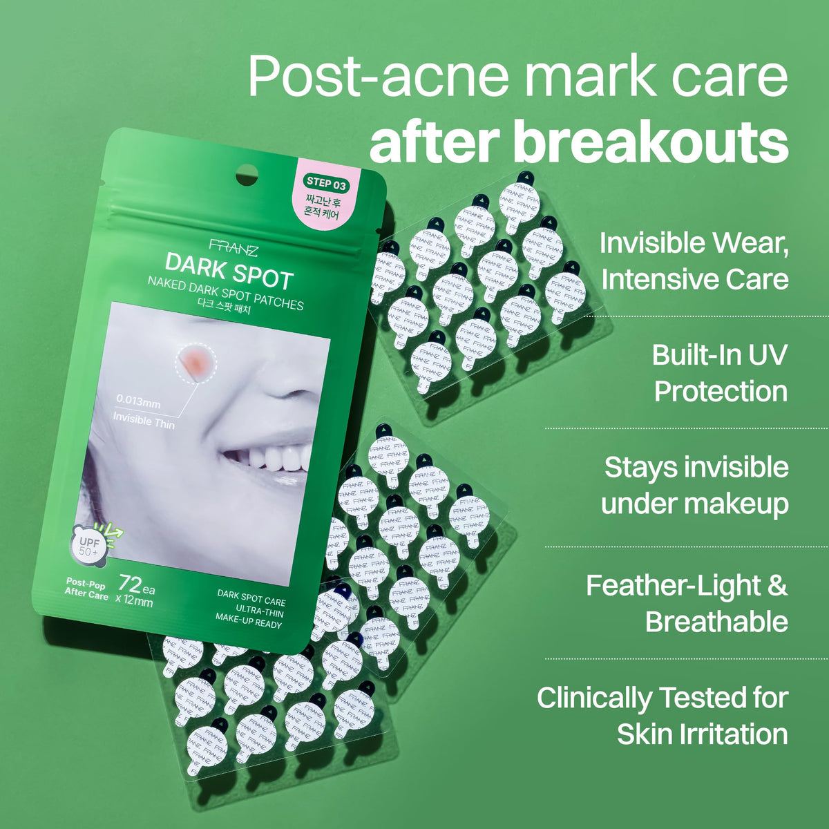 FRANZ patch applied on cheek demonstrating secure adhesion and coverage benefit