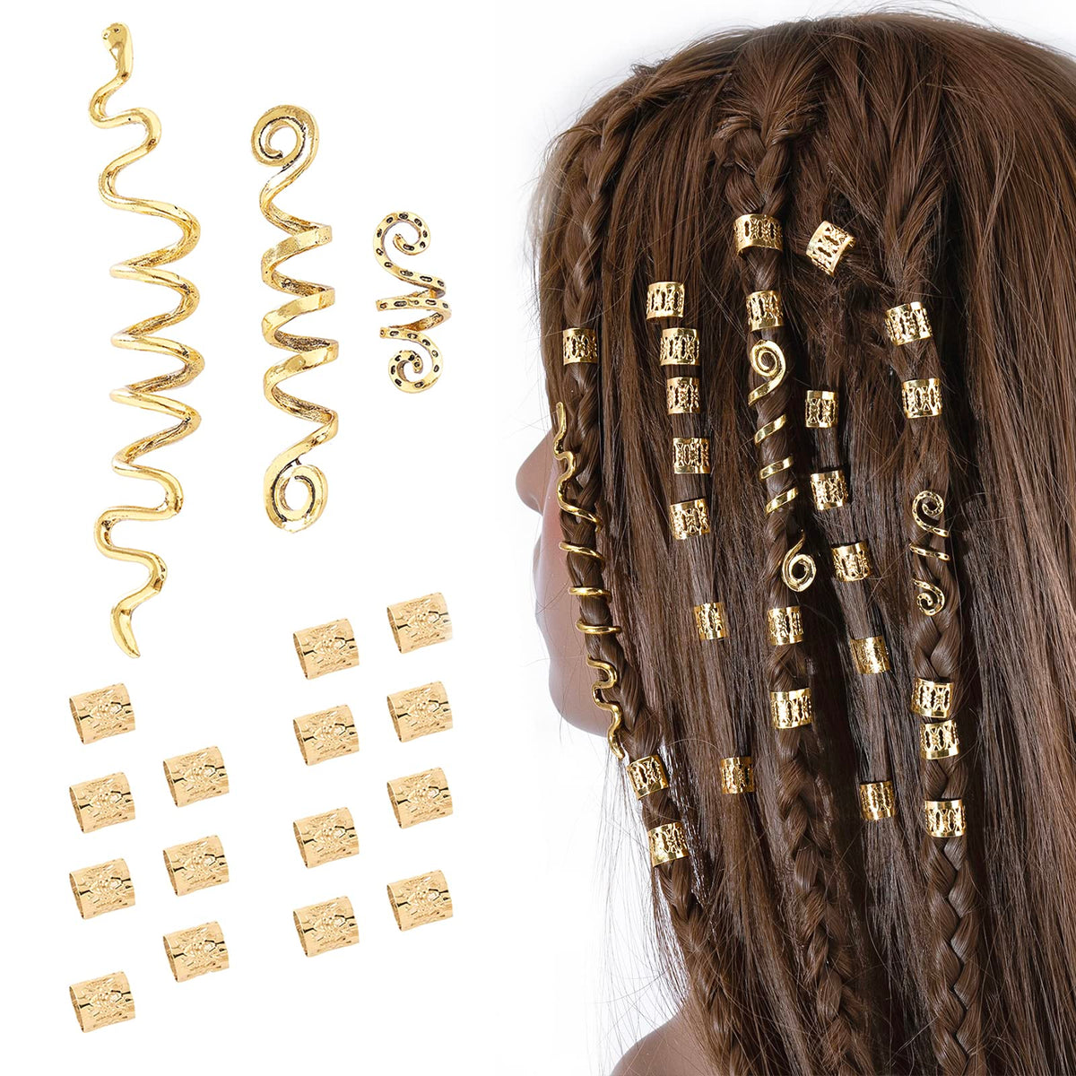 FRDTLUTHW front packaging showing 18 gold hair jewelry pieces, clear contents benefit