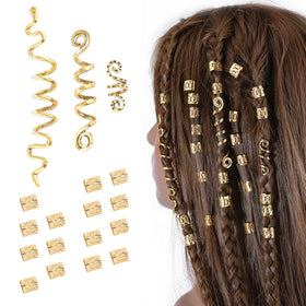 FRDTLUTHW front packaging showing 18 gold hair jewelry pieces, clear contents benefit