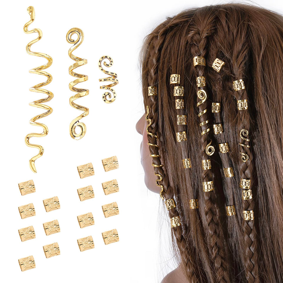 FRDTLUTHW front packaging showing 18 gold hair jewelry pieces, clear contents benefit