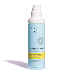 FRÉ front packaging showing SPF 50 bottle, easy application benefit