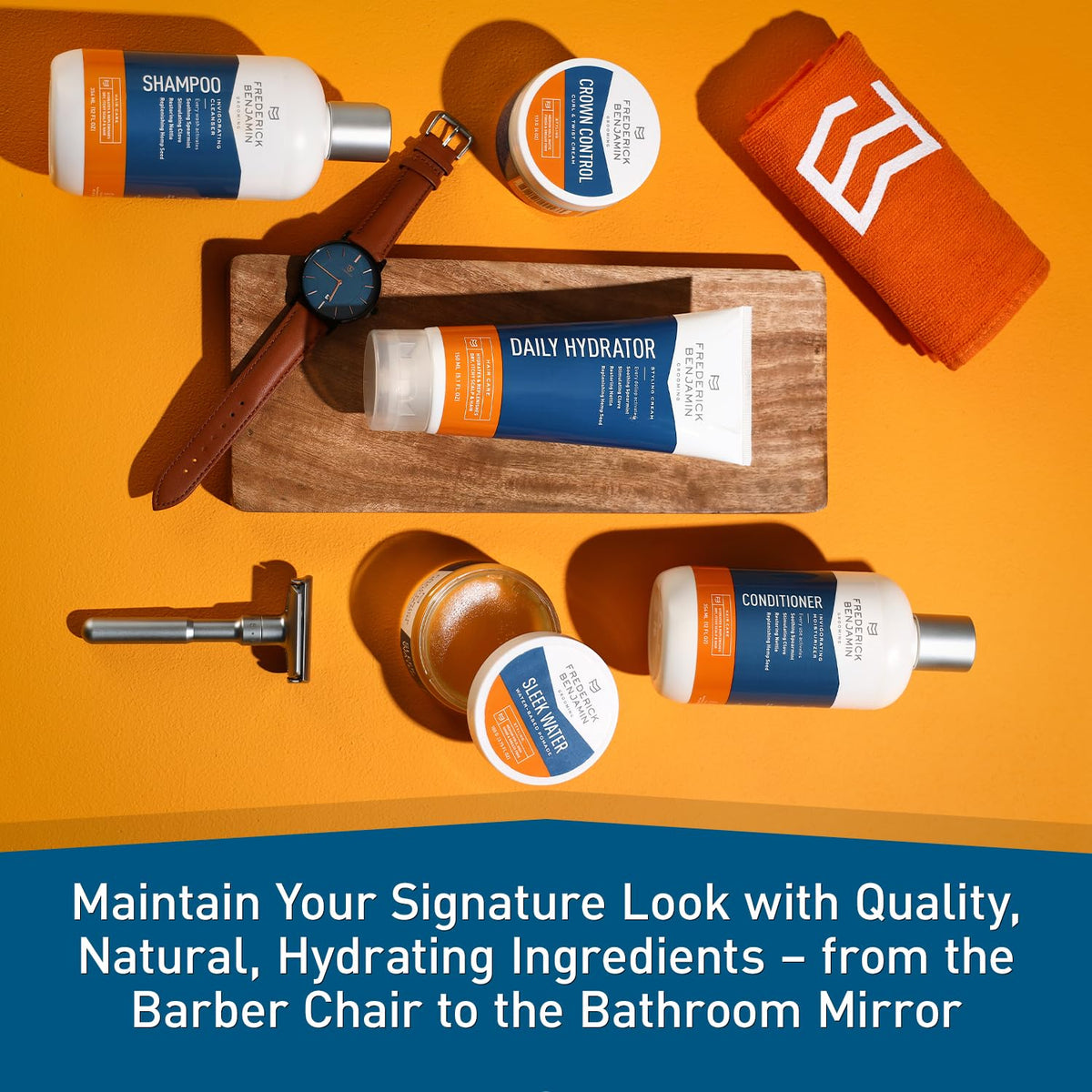 Frederick Benjamin bottle staged on bathroom counter conveying daily grooming routine appeal