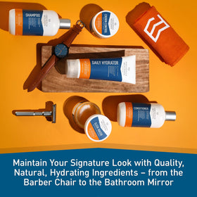 Frederick Benjamin bottle staged on bathroom counter conveying daily grooming routine appeal