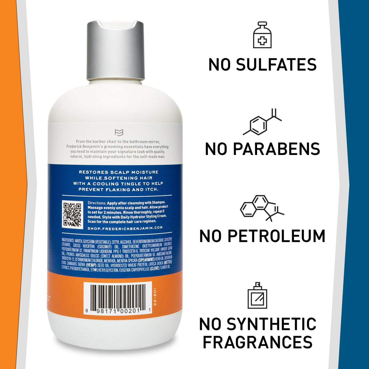 Frederick Benjamin 12oz bottle held in hand to show size and travel-friendly convenience