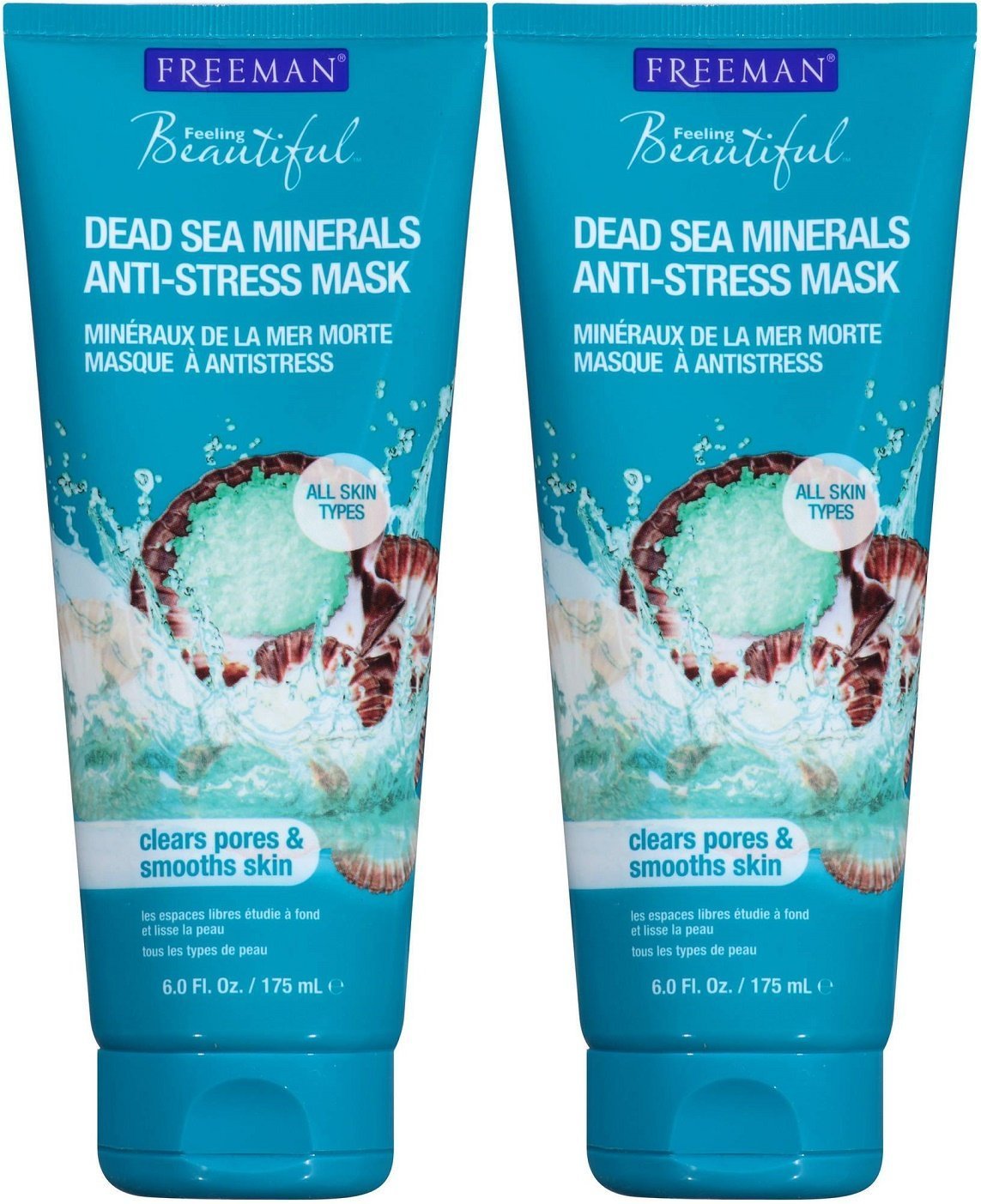 Freeman dead sea minerals mask front packaging shows product and calming benefit