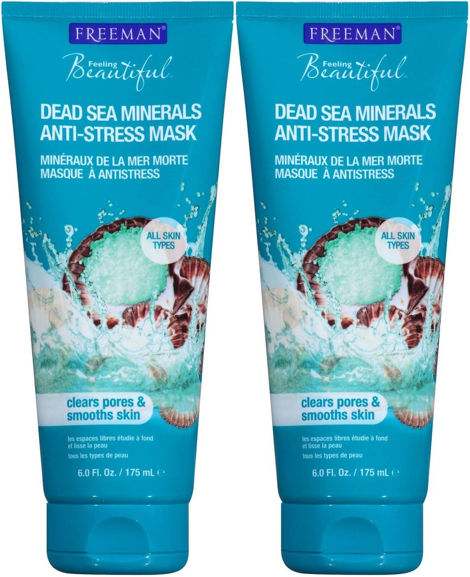 Freeman dead sea minerals mask front packaging shows product and calming benefit