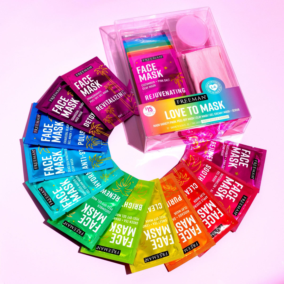 Freeman travel pouch packed with mask sachets for on-the-go skin care