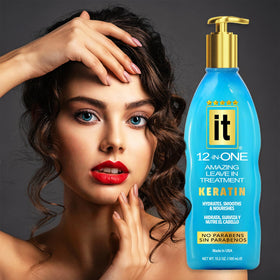Freeze It product being sprayed on damp hair demonstrating detangling and frizz control benefits