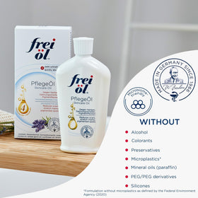 frei öl applied to damp skin after shower demonstrating sealing in moisture
