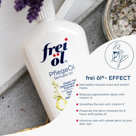 frei öl oil pouring from bottle showing lightweight texture and fast absorption benefit