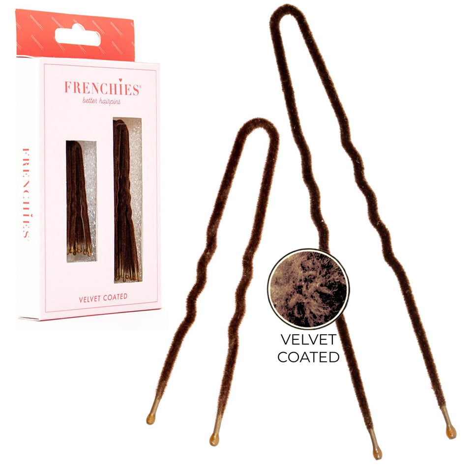 Frenchies front packaging showing 20 brown velvet coated pins and benefits