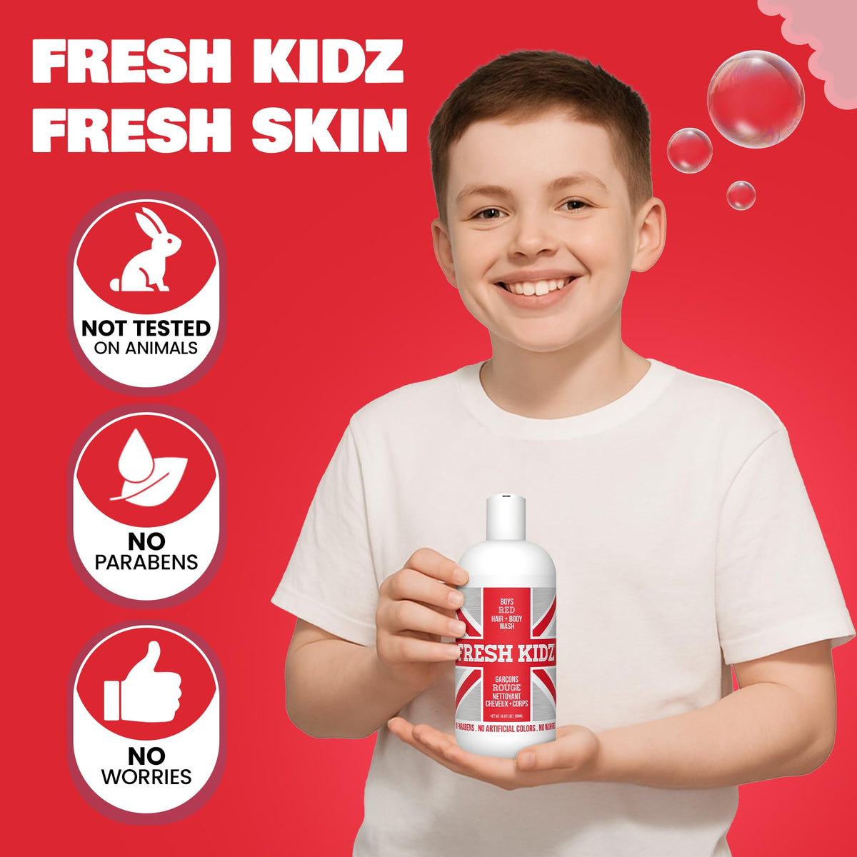 Fresh Kidz next to common items showing 16.9 fl oz size and travel practicality