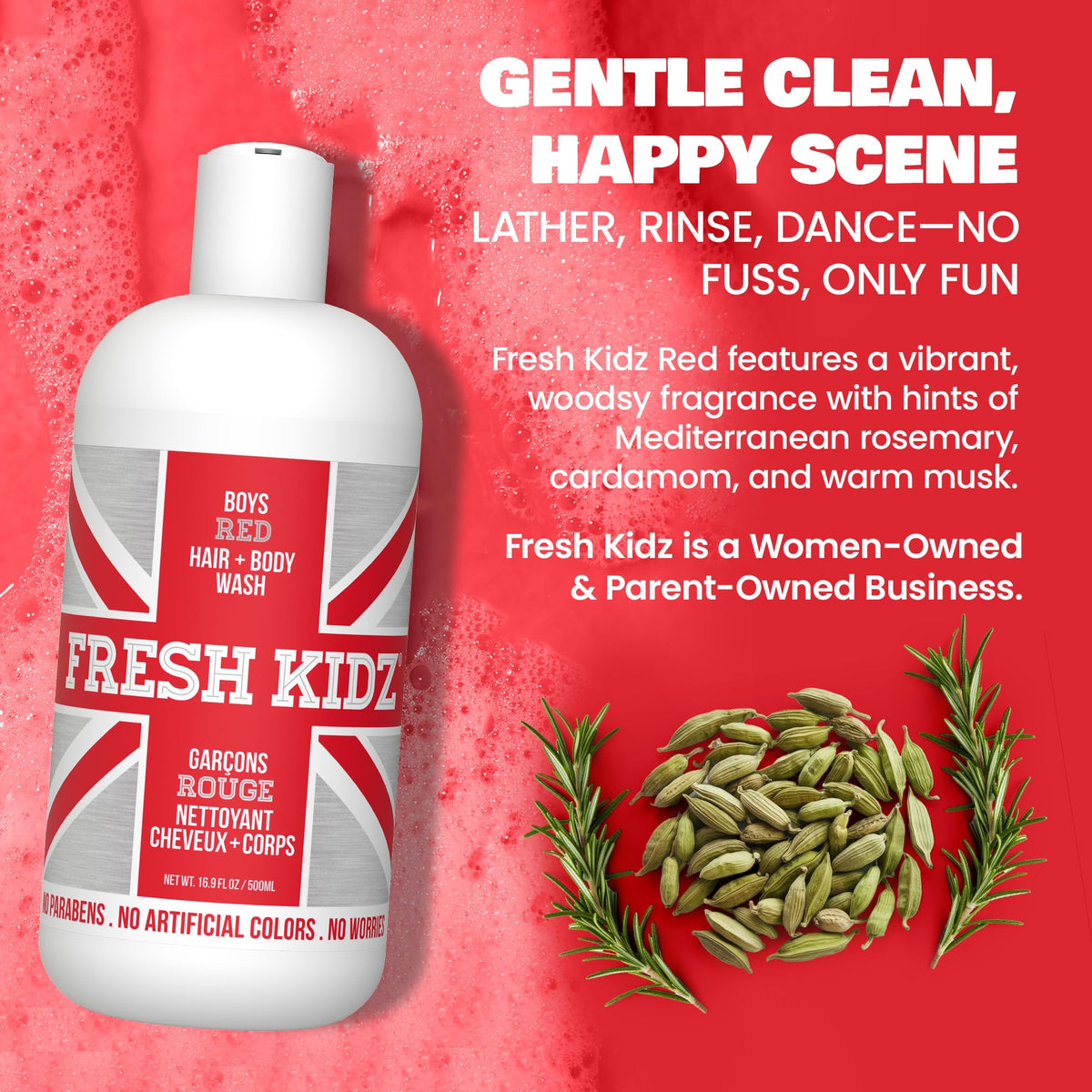 Fresh Kidz packed in a gym bag showing travel-ready two-in-one shampoo and wash