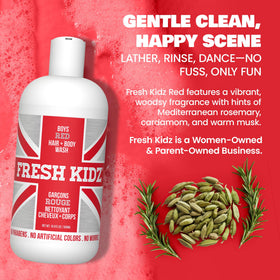 Fresh Kidz packed in a gym bag showing travel-ready two-in-one shampoo and wash
