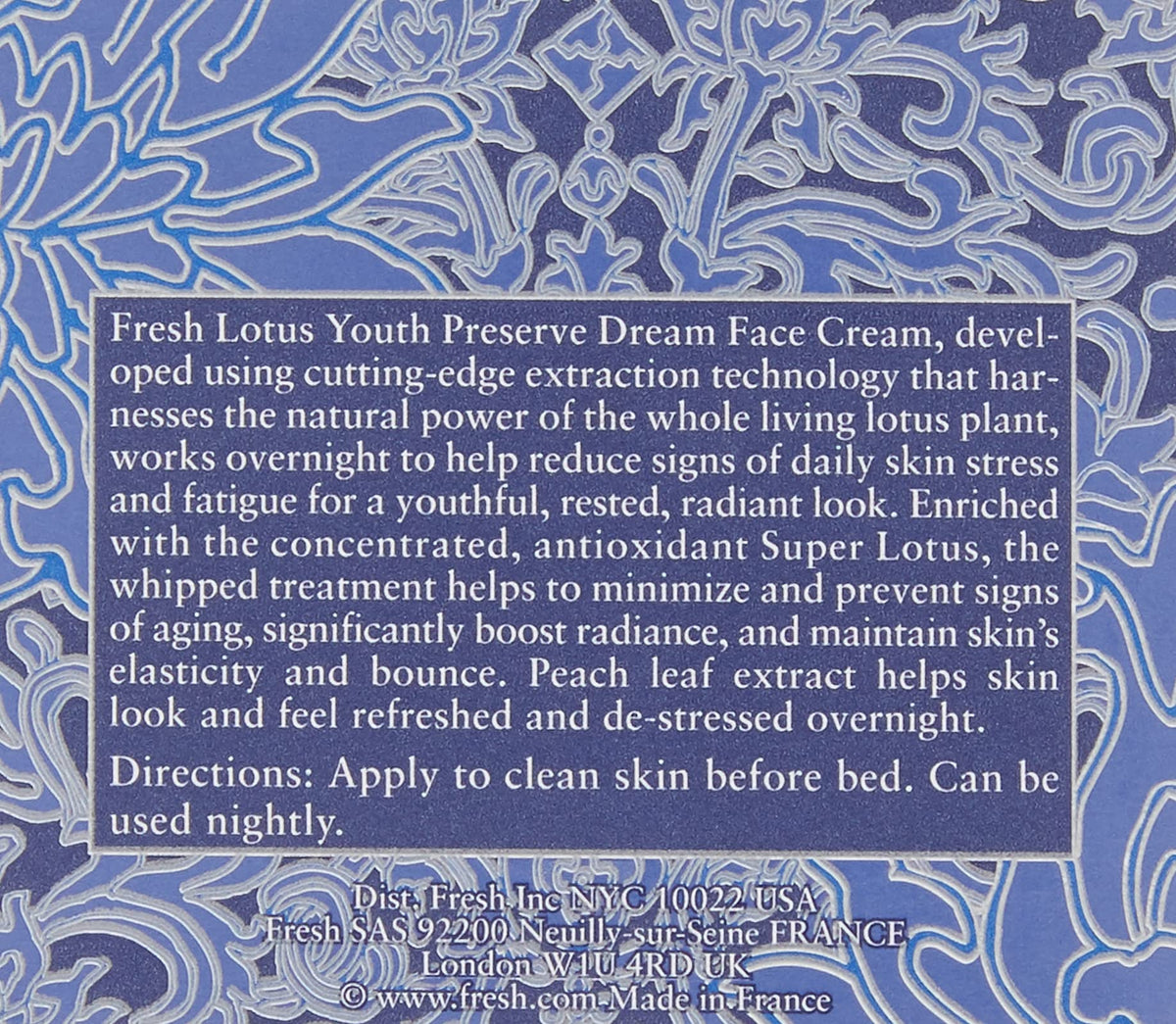 Fresh Lotus packaging and ingredient list view illustrating botanical formulation