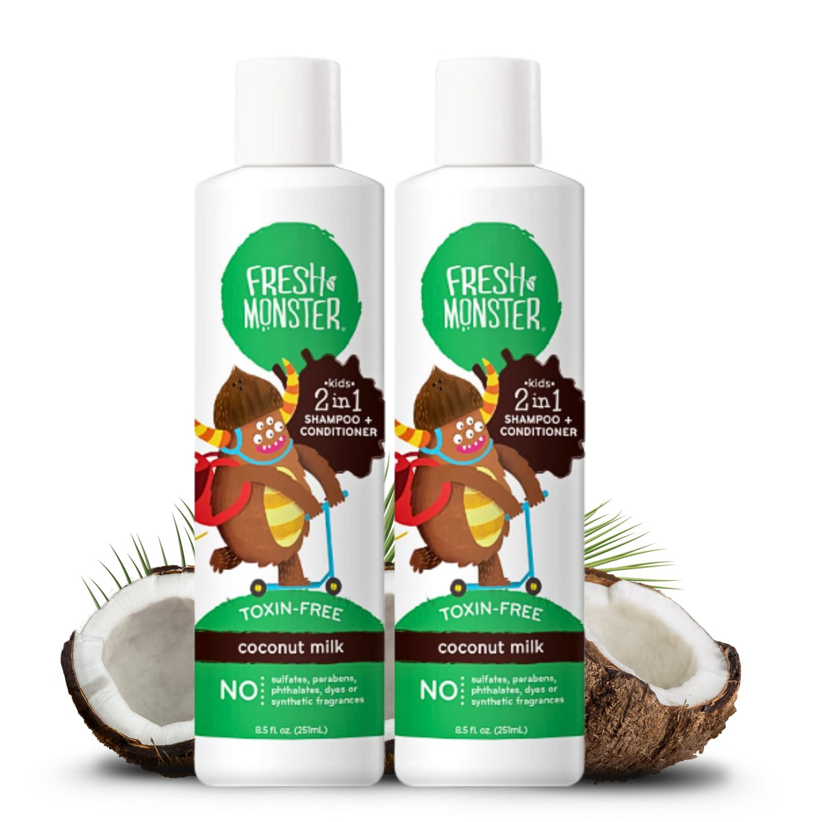 Fresh Monster front packaging showing coconut 2-in-1 and safe ingredients benefit