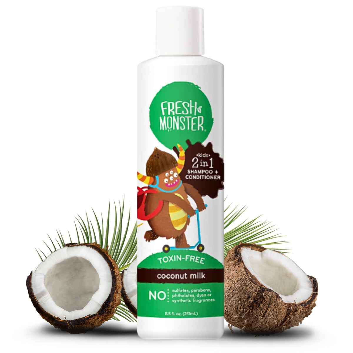 Fresh Monster front packaging showing coconut scent and kid‑friendly bottle for easy use