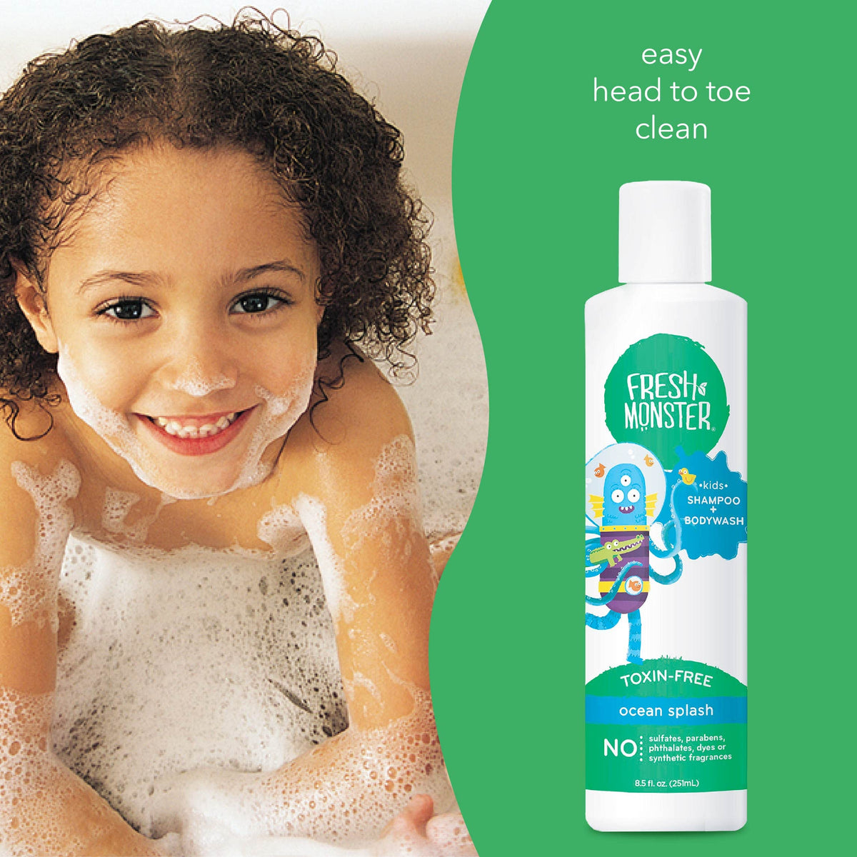 Child using Fresh Monster in bathtub enjoying bath time and reduced fuss