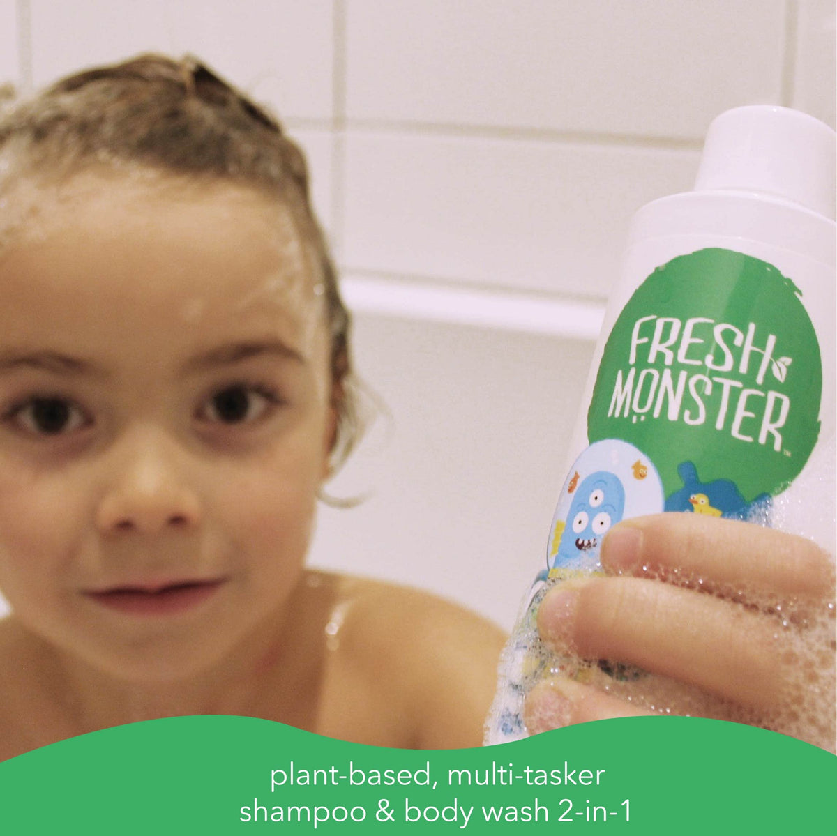 Fresh Monster pouring lather on hand demonstrates quick head-to-toe cleaning