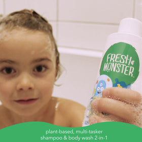 Fresh Monster pouring lather on hand demonstrates quick head-to-toe cleaning