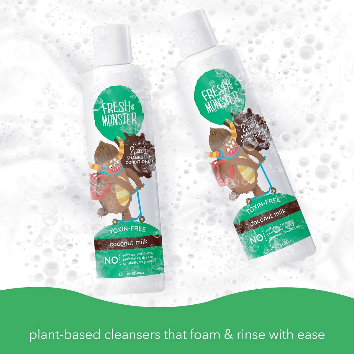Fresh Monster bottle on bathroom shelf showing cruelty-free and family-ready benefit