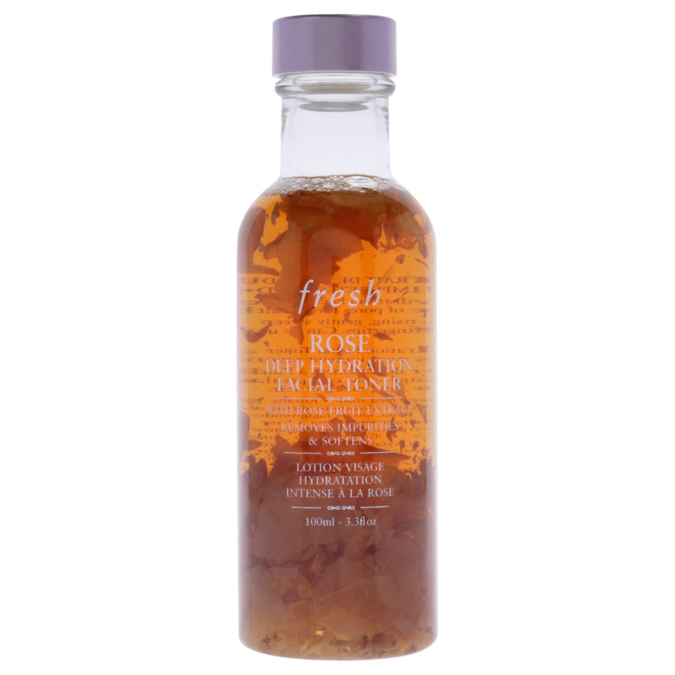 Fresh front bottle showing rose toner and petals for gentle hydration