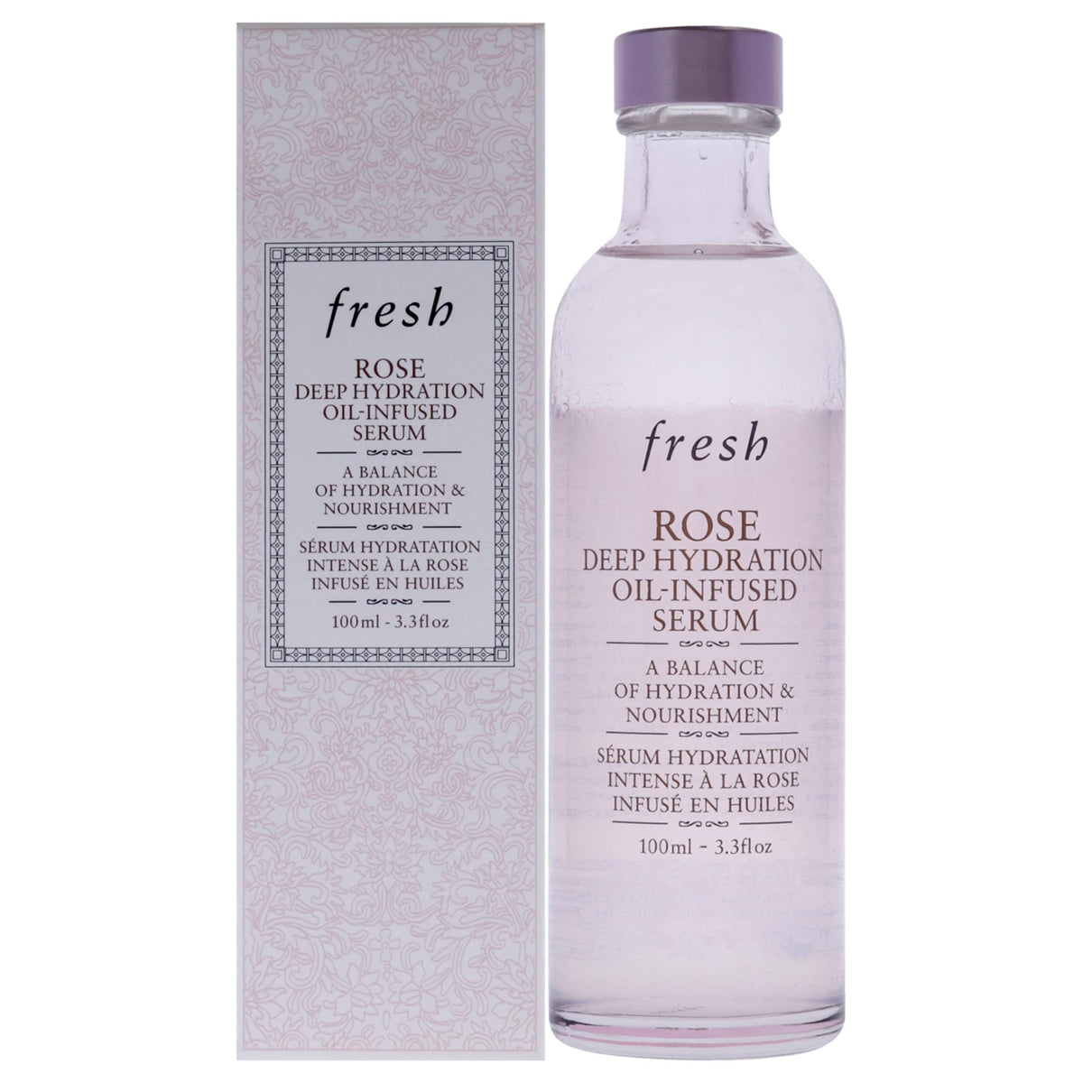 Fresh Rose serum front packaging showing bottle and product benefit of long-lasting hydration
