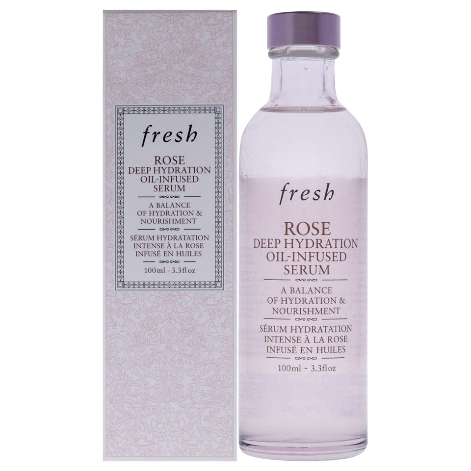 Fresh Rose serum front packaging showing bottle and product benefit of long-lasting hydration