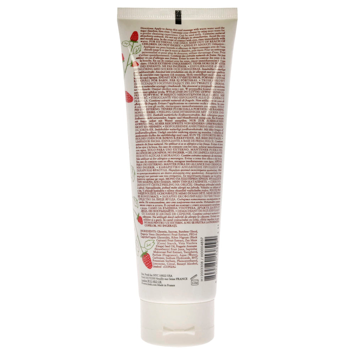 Fresh Sugar strawberry size and label shot showing 4.2 oz tube and ingredient clarity