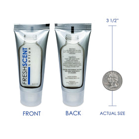 Freshscent tubes size comparison next to credit card to show travel-friendly scale
