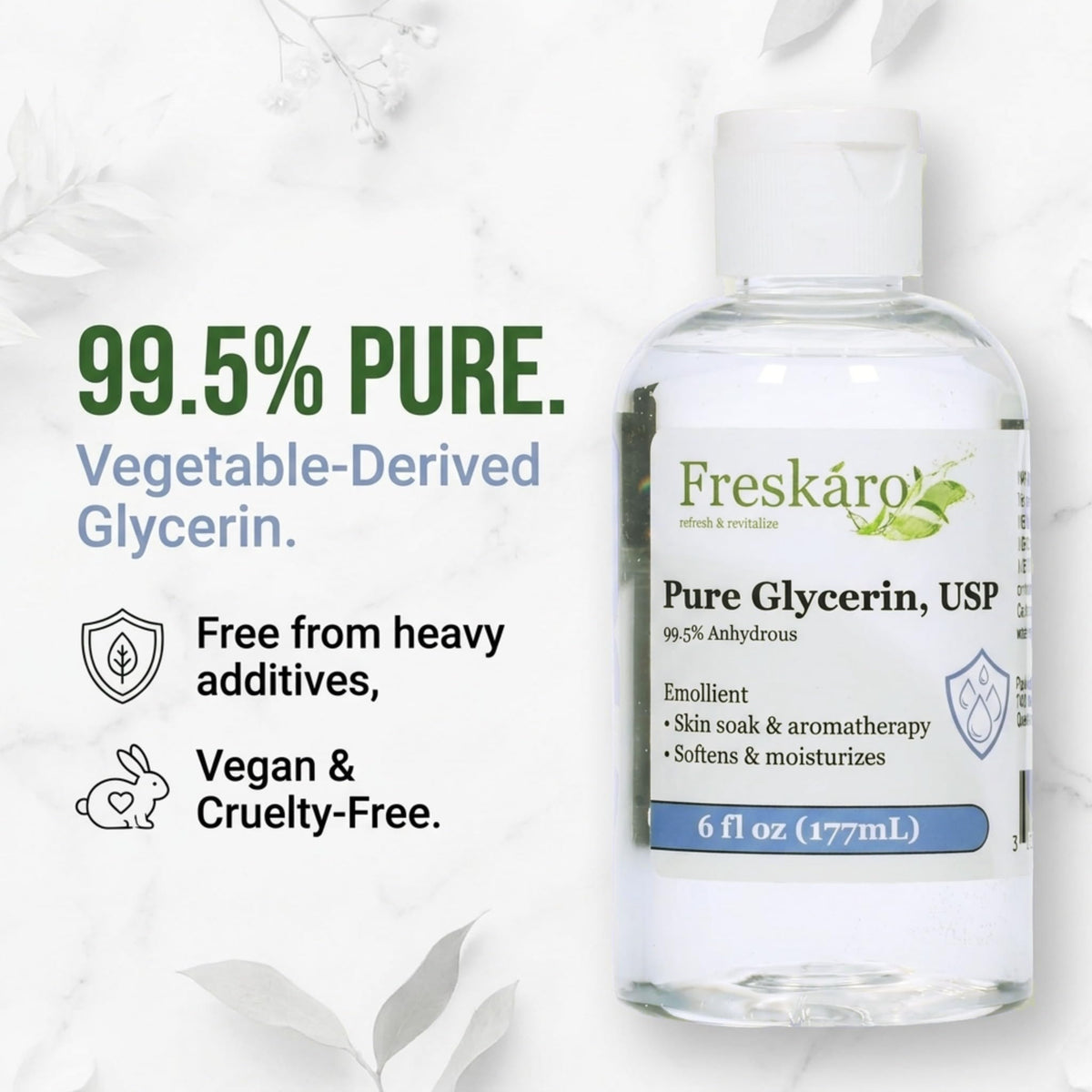 Freskáro label close-up highlighting 99.5% pure vegetable-derived ingredient