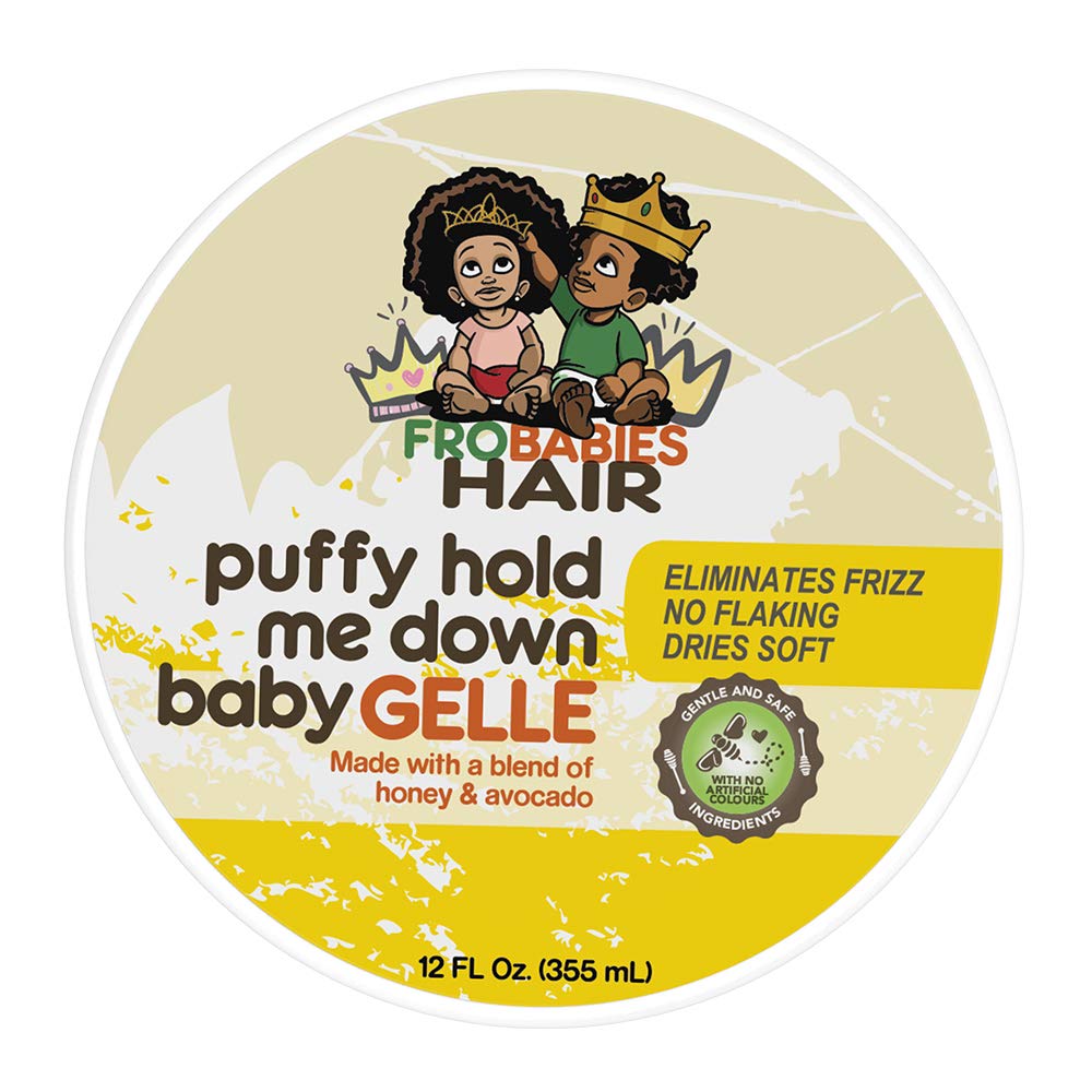 FroBabies Hair 12oz jar beside a toddler toy for scale showing travel-friendly volume