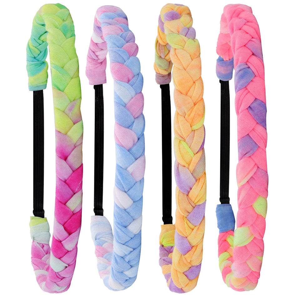 FROG SAC front view of four braided tie dye headbands showing colors and slim profile