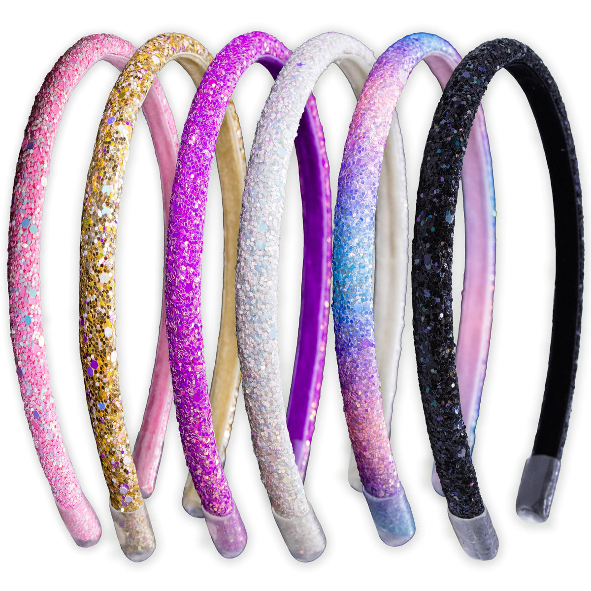 FROG SAC front view of six glitter headbands showing colors and packaging benefit style