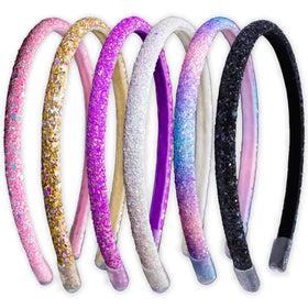 FROG SAC front view of six glitter headbands showing colors and packaging benefit style