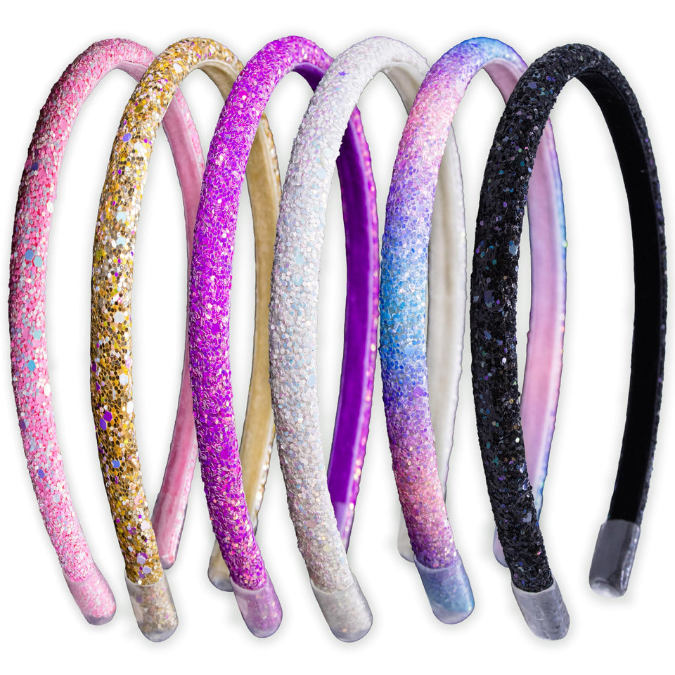 FROG SAC front view of six glitter headbands showing colors and packaging benefit style