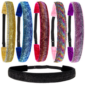FROG SAC front view of six glitter headbands showing colors and packaging benefit
