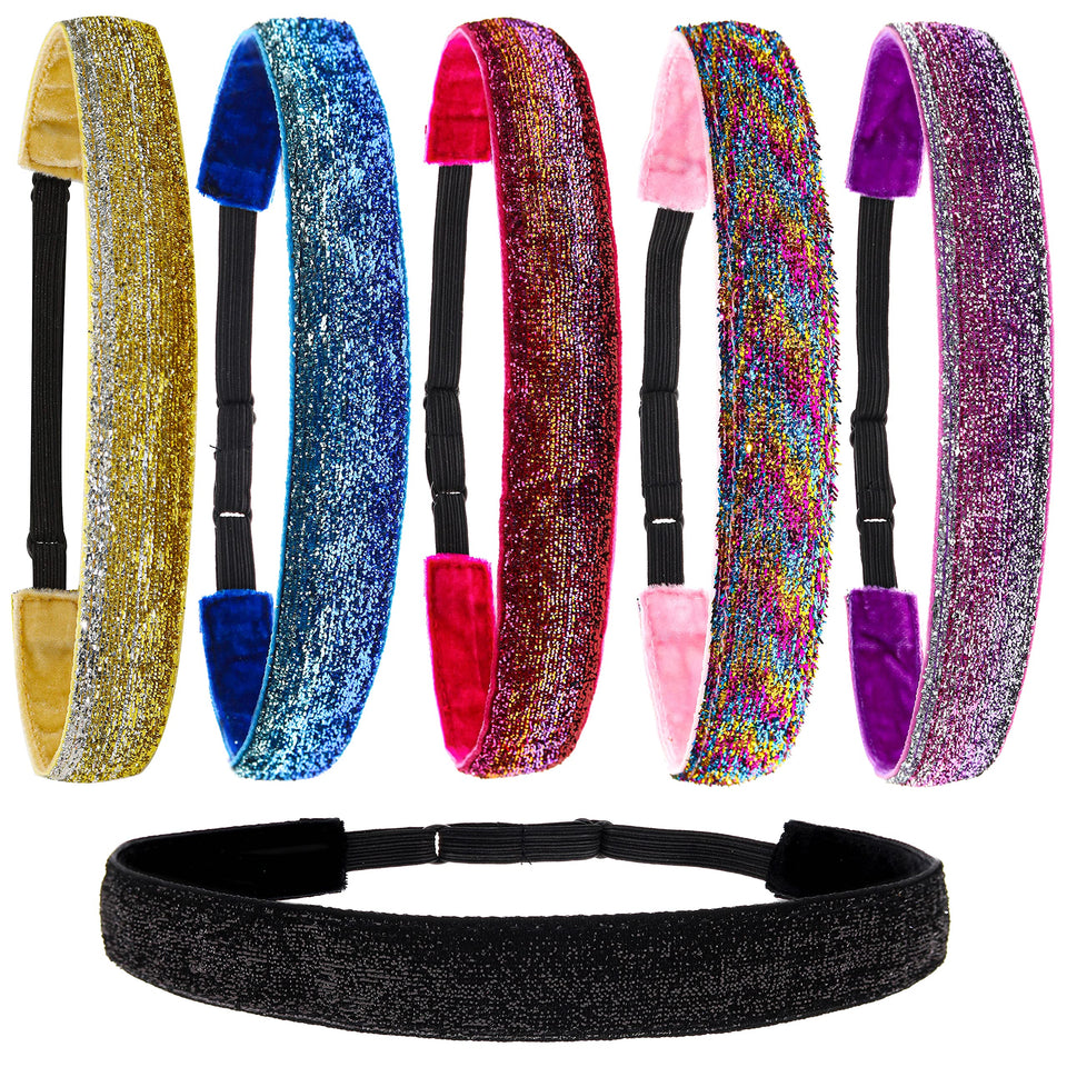 FROG SAC front view of six glitter headbands showing colors and packaging benefit
