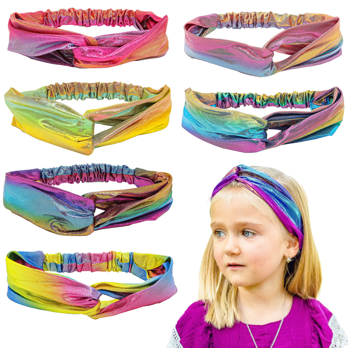 FROG SAC front view of six mermaid headbands showing colorful metallic finishes and knots for playful styling