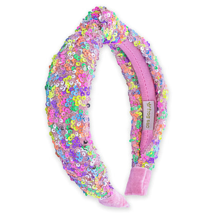 FROG SAC front view showing rainbow sequin headband and sparkly finish