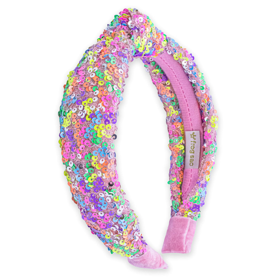 FROG SAC front view showing rainbow sequin headband and sparkly finish