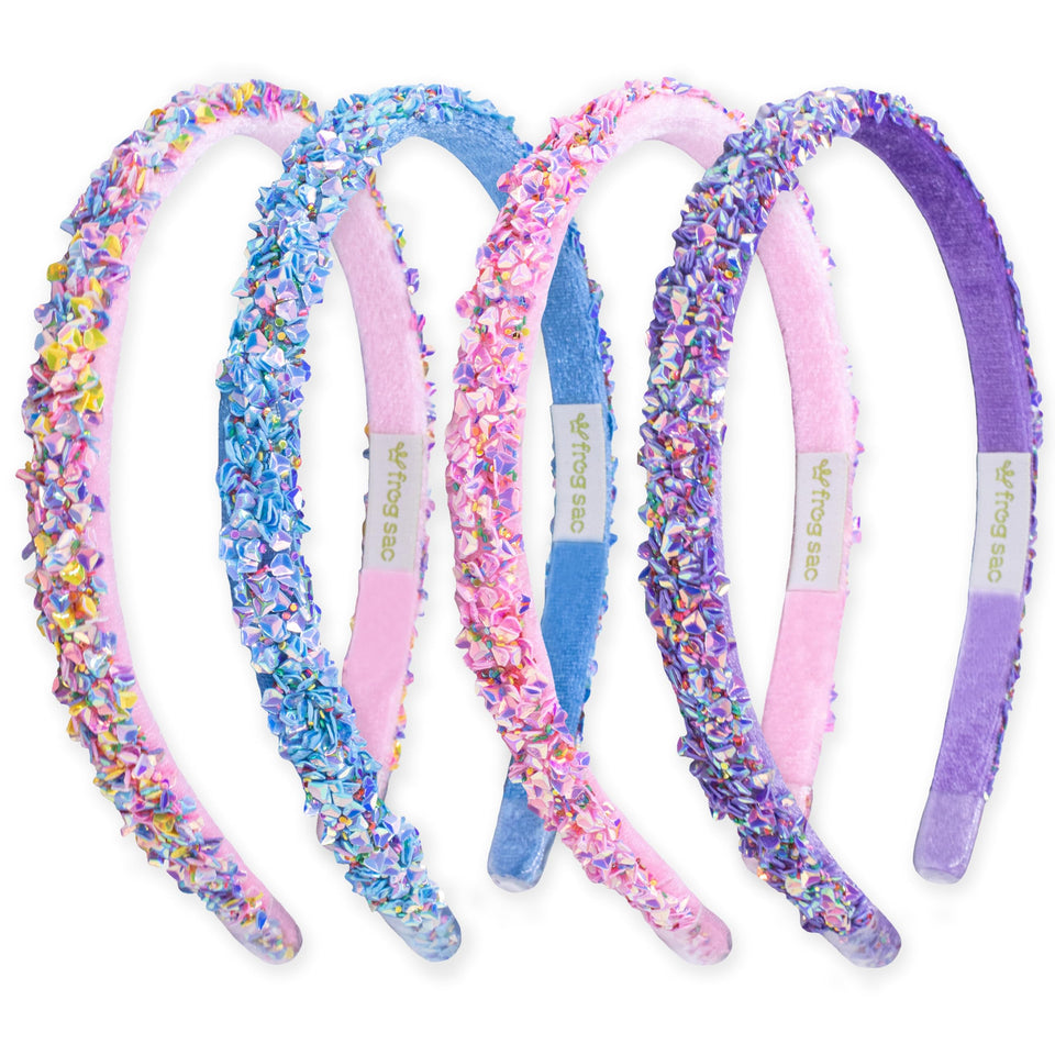 FROG SAC front packaging showing four colorful sequin headbands and benefits