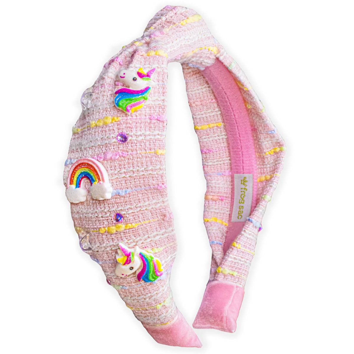 FROG SAC front view of light pink knotted headband showing rainbow beads
