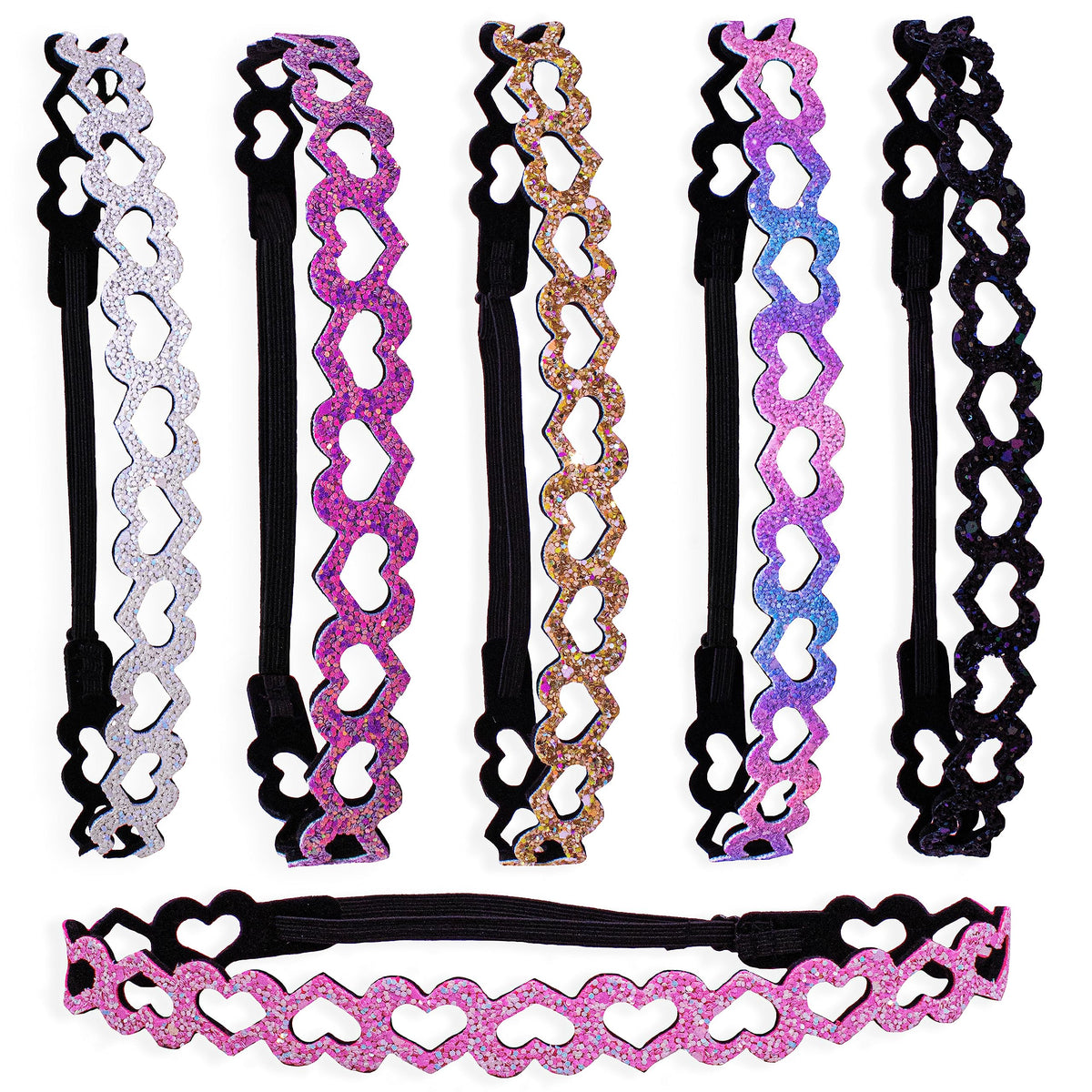 FROG SAC front view of six multicolor headbands showing variety and sparkle