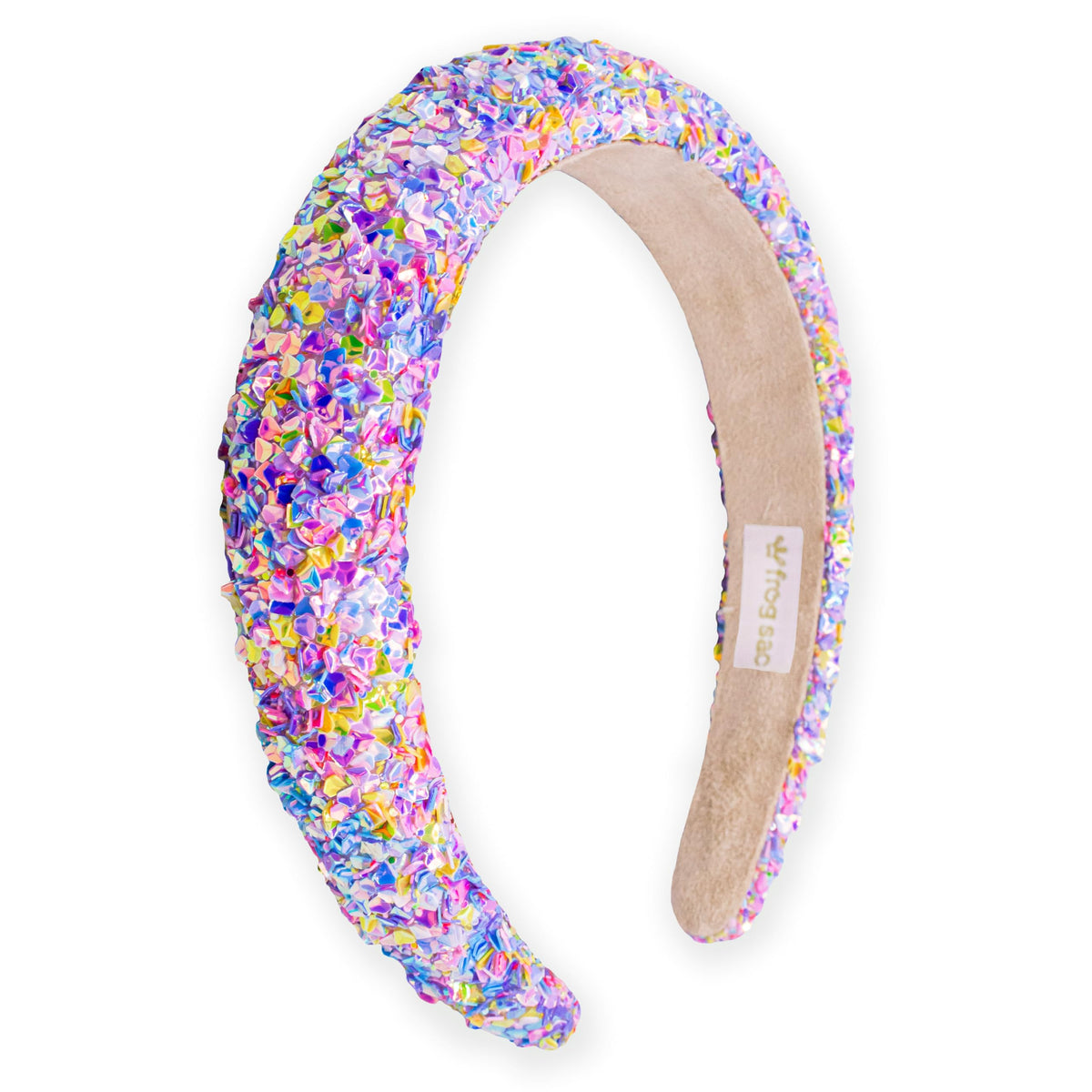 FROG SAC front view headband shows colorful sequins and padded shape for playful style