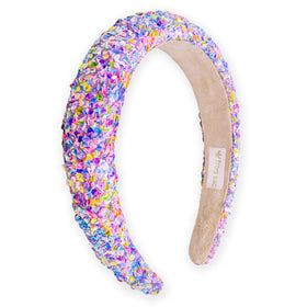 FROG SAC front view headband shows colorful sequins and padded shape for playful style